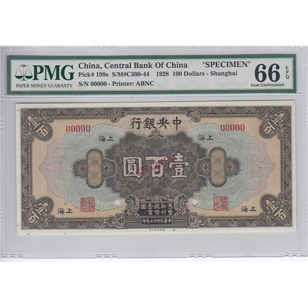 China, Central Bank of China, 100 dollars, Shangahi, 1928, Specimen, P-199s, PMG 66EPQ