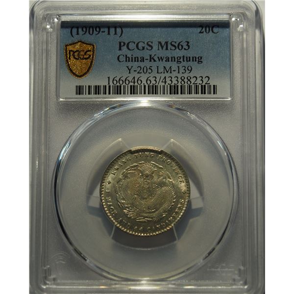 China, Kwangtung, 20 cents silver coin, 1909-11, Y-205 LM-139, PCGS MS63