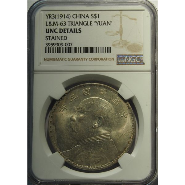 China Republic, Yuan Shih Kai, silver dollar $1, Year 3 1914, Triangle Yuan, NGC UNC STAINED