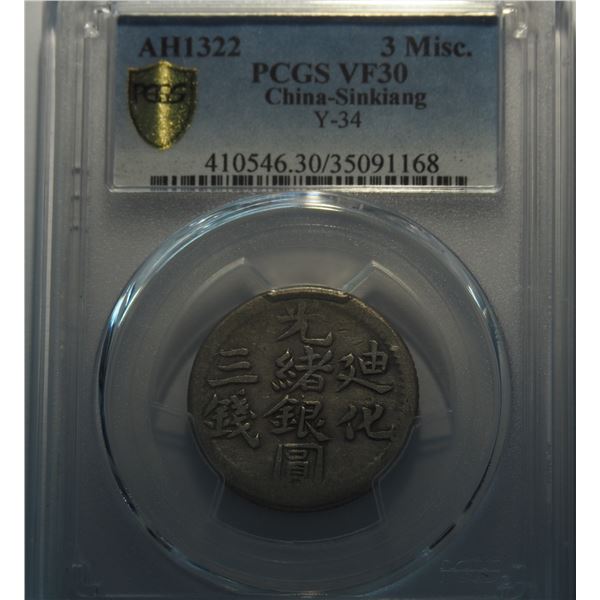China, Sinkiang, 3 Misc silver coin, AH1322 1904, Y-34, PCGS VF30