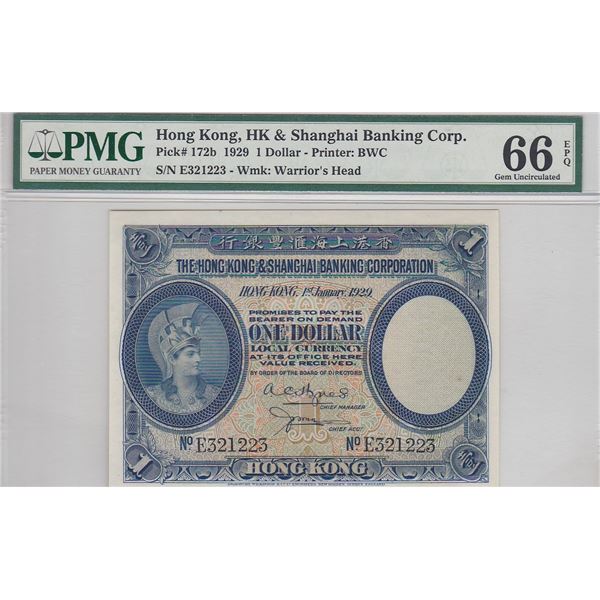 Hong Kong, Shanghai Banking Corp, 1 dollar, 1929, P-172b, PMG 66EPQ