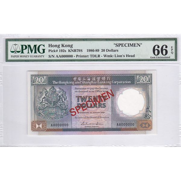 Hong Kong, Shanghai Banking Corp, 20 dollars, 1986, Specimen, P-192s, PMG 66EPQ