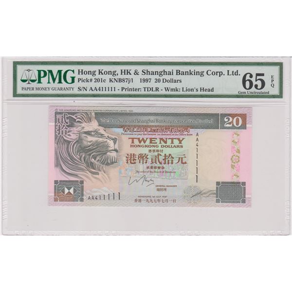 Hong Kong, Shanghai Banking Corp, 20 dollars, 1997, AA411111 First Prefix, PMG 65EPQ