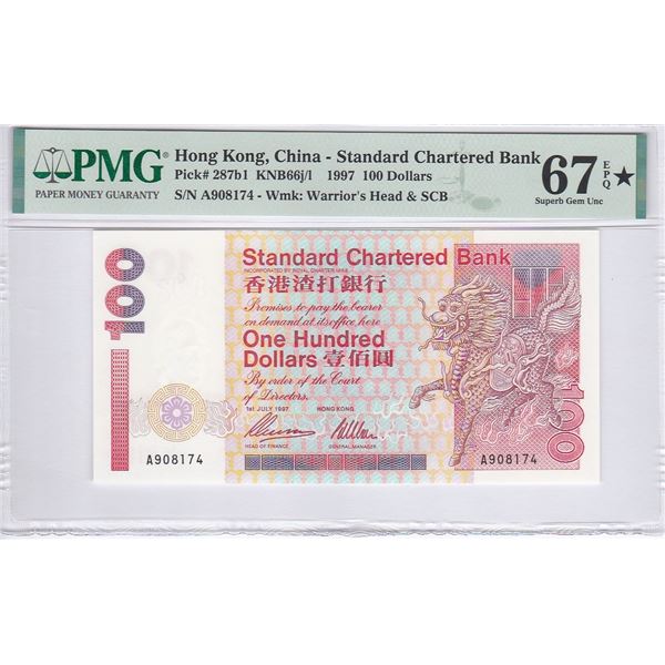 Hong Kong, Standard Chartered Bank, 100 dollars, 1997, First Prefix A, PMG 67EPQ (STAR)