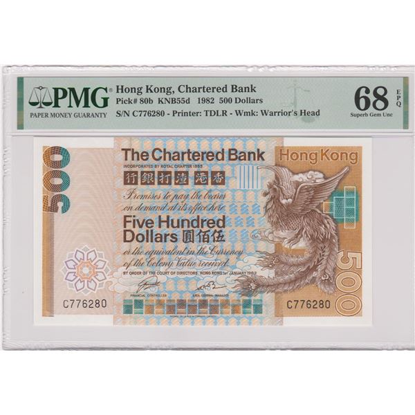 Hong Kong, Chartered Bank, 500 dollars, 1982, P-80b, PMG 68EPQ, Top Pop