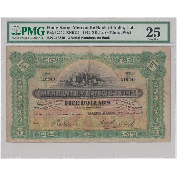 Hong Kong, Mercantile Bank of India Ltd, 5 dollars, 1941, P-235d, PMG 25