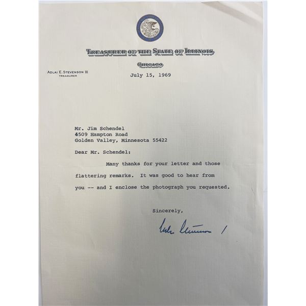 Illinois Treasurer Adlai Stevenson III signed typed letter