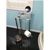 Image 1 : 3-Tier Glass Shelving Unit, Mirror, Container w/ Metal Lid, Metal Toilet Paper Holder, and Trashbin
