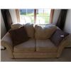 Image 1 : Beige Suede Loveseat w/ 2 x  Throw Pillows