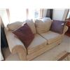 Image 2 : Beige Suede Loveseat w/ 2 x  Throw Pillows