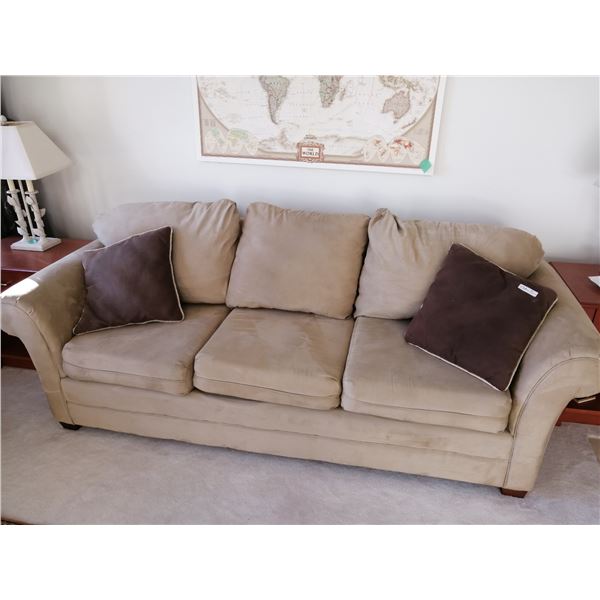 Beige Suede Sofa w/ 2 x Throw Pillows