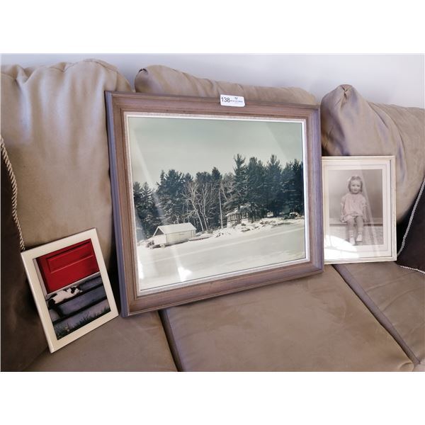 Framed Photograph of Winter Cottage, Cat, and Little Girl