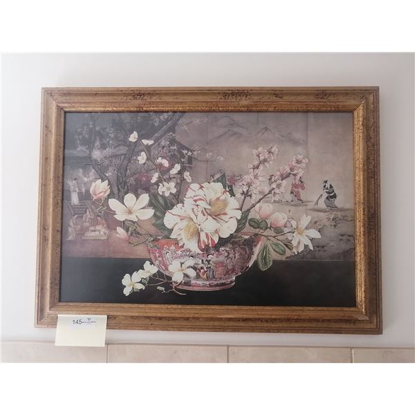 Framed Oriental-Style Flower Bowl Artwork