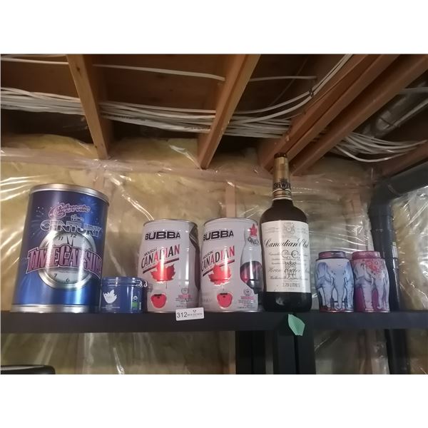 Large Empty Canadian Club Bottle, 2 x Empty Molson Canadian Kegs, Time Capsule, Assorted Metal Tins