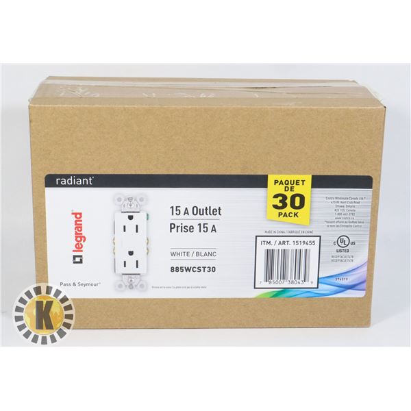 BOX OF 30 LEGRAND RADIANT 15 A OUTLET WHITE