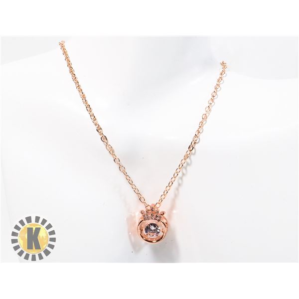 NEW CROWN GOLD TONE RHINESTONE PENDANT NECKLACE