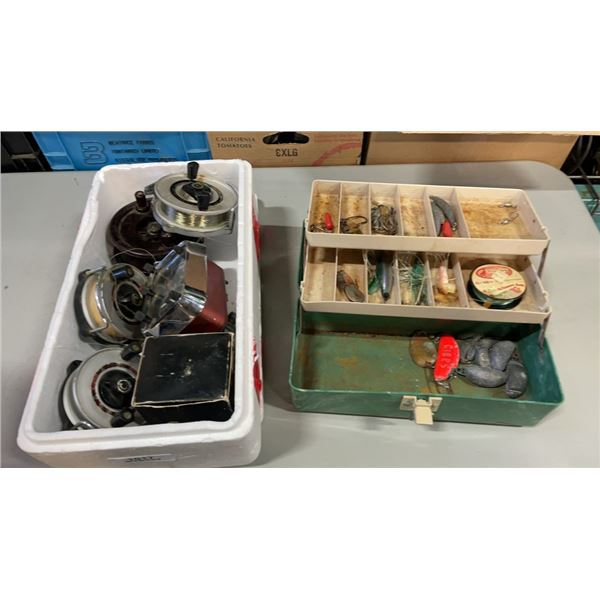 TACKLE BOX WITH CONTENTS AND TRAY OF REELS