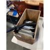 Image 3 : 2 GALVANIZED PAILS AND WOODEN EXPLOSIVES CRATE WITH LICENCE PLATES, MAIL BOX AND SHOP SUPPLIES