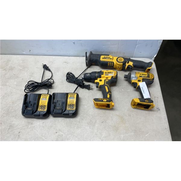 LOT OF DEWALT CORDLESS 20V TOOLS AS FOUND WITH 2 CHARGERS NO BATTERIES