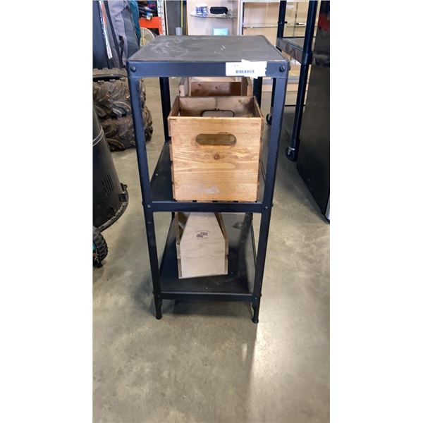 3 TIER METAL SHELF AND 3 WOODEN CRATES