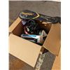 Image 1 : BOX OF LOST PROPERTY ITEMS, RACQUET, BIKE HELMETS, HARD HATS AND MORE