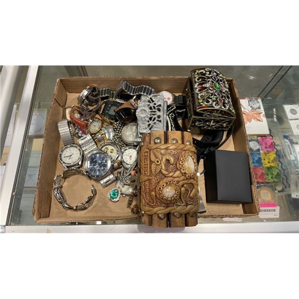 TRAY OF ESTATE WATCHES AND ASSORTED JEWELRY