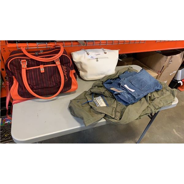 LULULEMON HANDBAG AND PATTY HANDBAG WITH GARAGE JACKET WITH 2 PAIRS OF JEANS