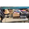 Image 1 : TABLE LAMP WITH COLLECTIBLES, SCRAPBOOK SUPPLIES AND CANVAS PRINTS
