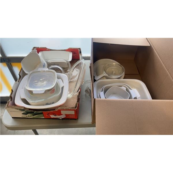 BOX AND TRAY OF BAKING DISHES, CORNING WARE