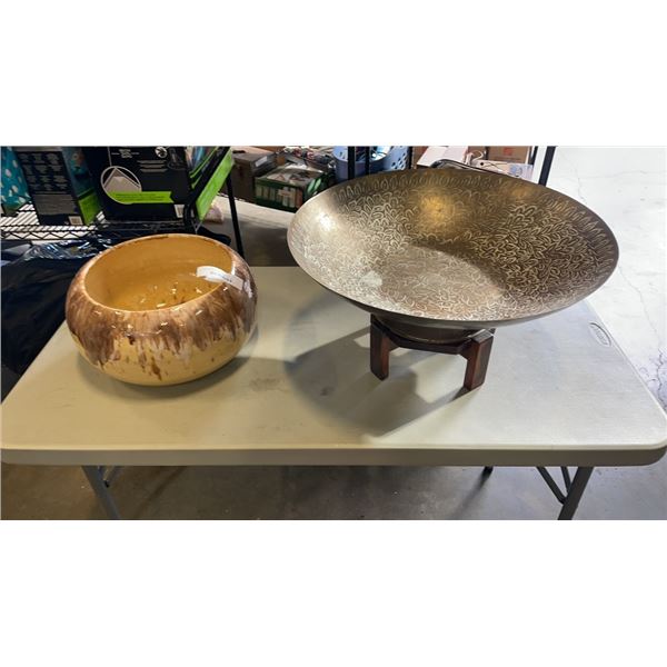 BRASS BOWL, WOOD STAND AND MID CENTURY MORENO PLANTER