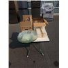 Image 1 : 3 BOXES OF GLASS AND CRYSWTAL, GLASS PLATTER AND BOWL, PEDESTAL VASE, STEMWARE, ETC