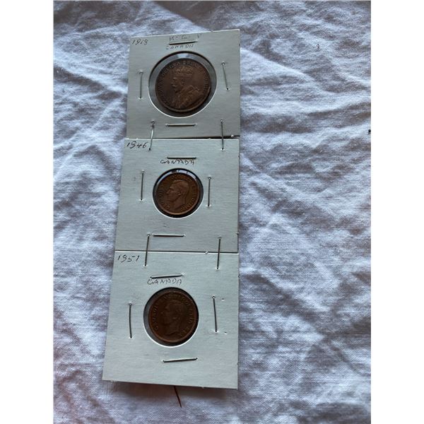 1918 Canada one cent, 1946 Canada penny and 1951 Canada penny