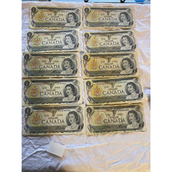 10-$1 Canadian bills 1973