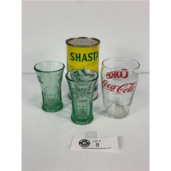 Lot of 3 Vintage Coca Cola Glasses and a Shasta Pop Can