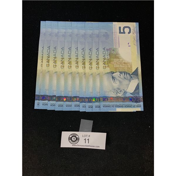 Lot of 10 Canadian $5 Bank Notes Au/UNC