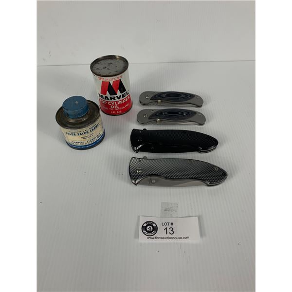 Vintage Ford and Marvel Tin Plus 4 New Pocket Knives
