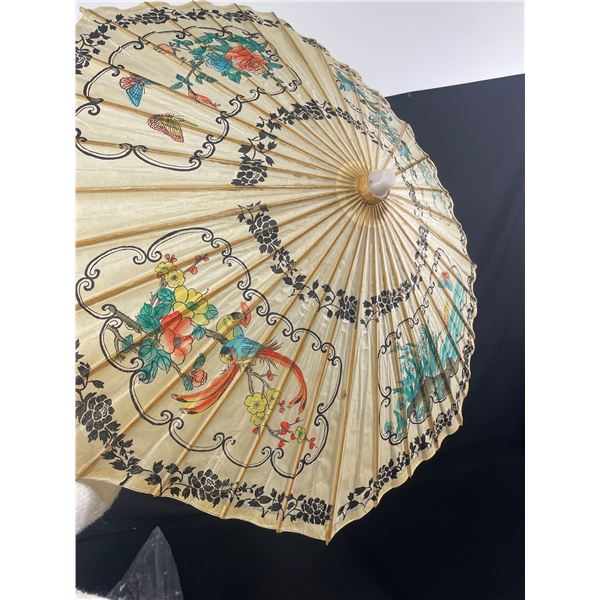 Vintage Asian Hand Painted Silk Umbrella 23" L