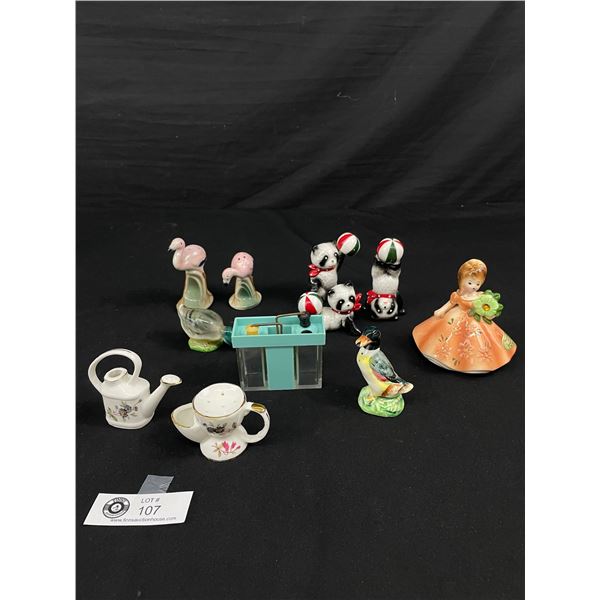 Vintage Lot of Figurines, Salt + Pepper with Cork Stoppers Josef Originals, Bone China Panda Bears