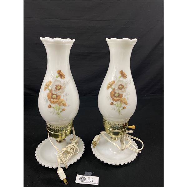 Pair Vintage Milk Glass Hurricane Electric Table Lamps Great Condition Working