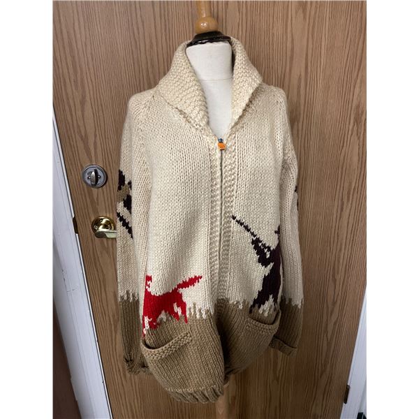 Vintage Cowichan Handknit Zippered Cardigan Jacket Pheasant Hunting 24  arm pit to arm pit