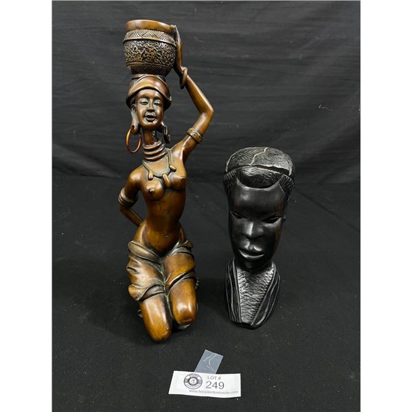 Heavy Hand Carved African Ebony Wood Head Sculpture Plus a 12" T Bronze Resin Figurine