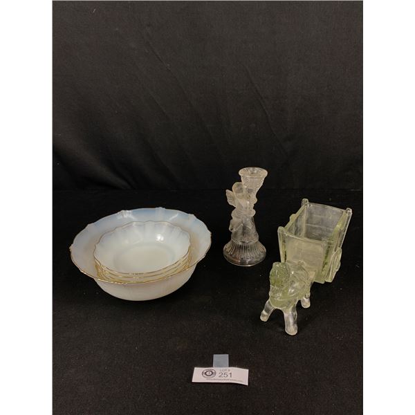 Vintage Clear Glass Horse and Carriage Planter, a Clear Glass Cupid Candle Holder and a set of 6 Opa