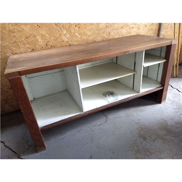 Solid oak work bench with adjustable shelving