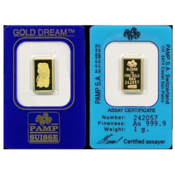 1 Gram Pamp Suisse Gold Ingot on Assay Card