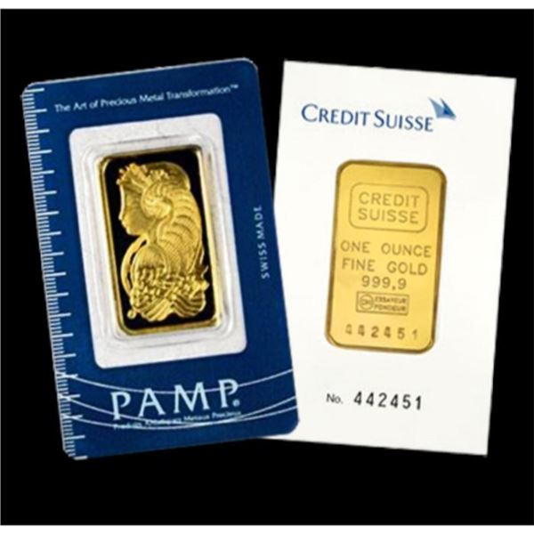 1 oz. Pamp or Credit Suisse Gold Ingot Pure