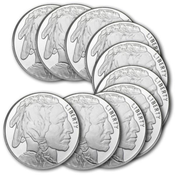 Lot of (10) Silver 1 oz. Buffalo Rounds