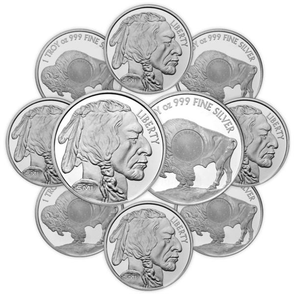 Lot of (10) 1 oz. Buffalo Design Silver Rounds