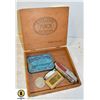 Image 1 : ANTIQUE CIGAR BOX W/ OLD LIGHTER, TOBACCO TIN, KNI