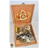 Image 1 : ANTIQUE CIGAR BOX WITH OLD KEYS, KNIFE AND MORE