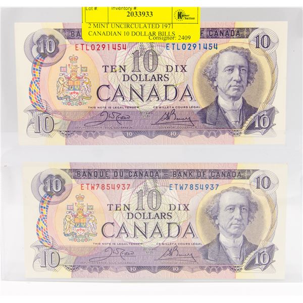 2 MINT UNCIRCULATED 1971 CANADIAN 10 DOLLAR BILLS